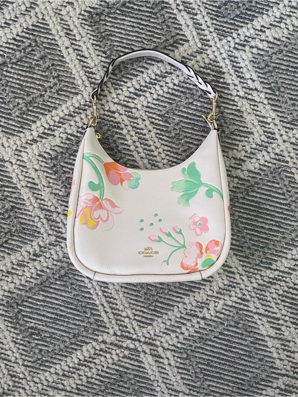 Coach White Leather Shoulder Bag with Pink & Green Floral Print